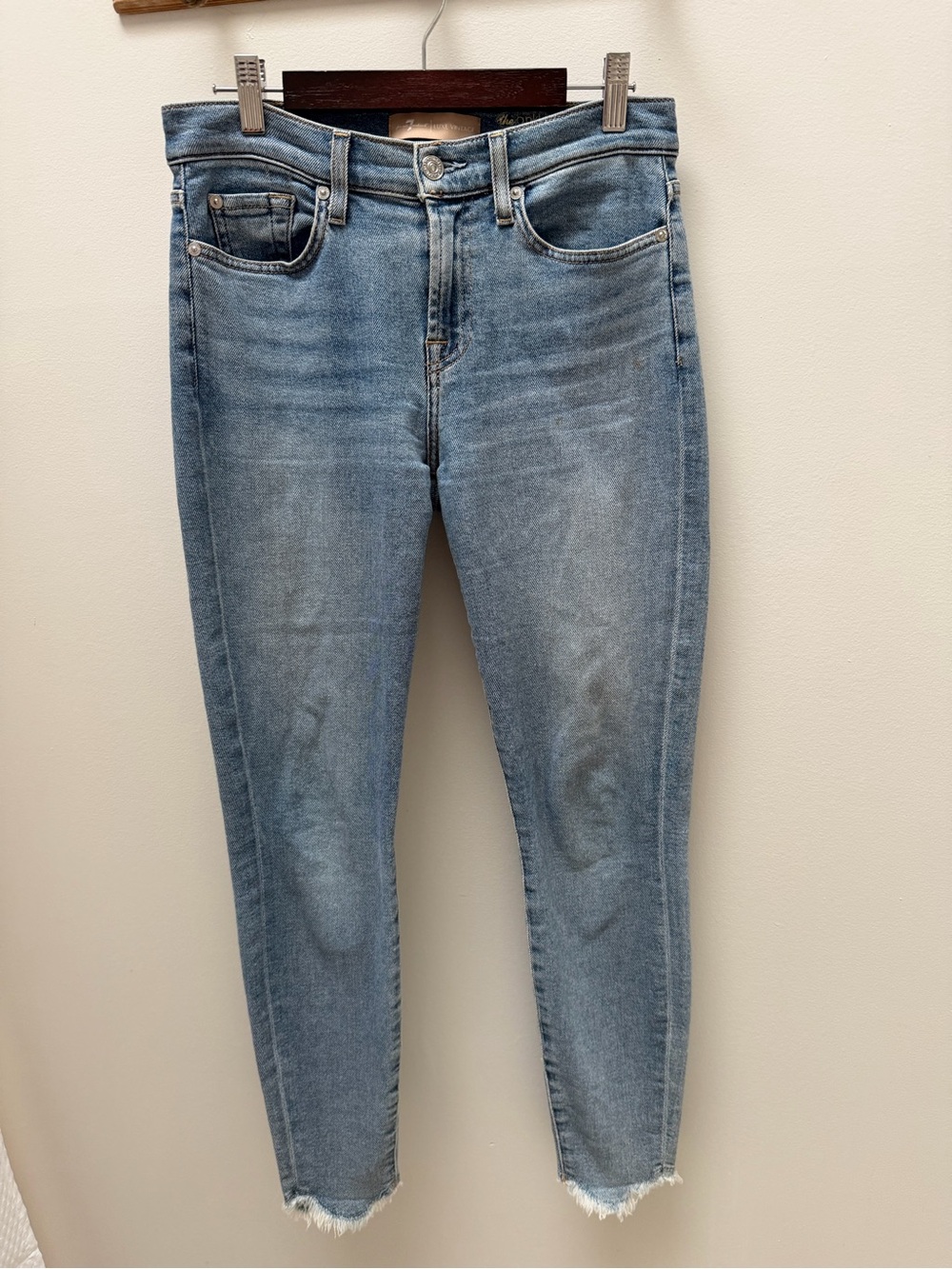 7 For All Mankind The Ankle Skinny Jeans with Frayed Hem, Size 27